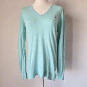 Polo Ralph Lauren Pony Linen Cotton Blend V-Neck Sweater Pale Blue
